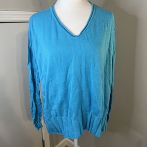 Planet By Lauren G. V Neck Rib Sweater Blue OS Asymmetrical Knit Relaxed Fit